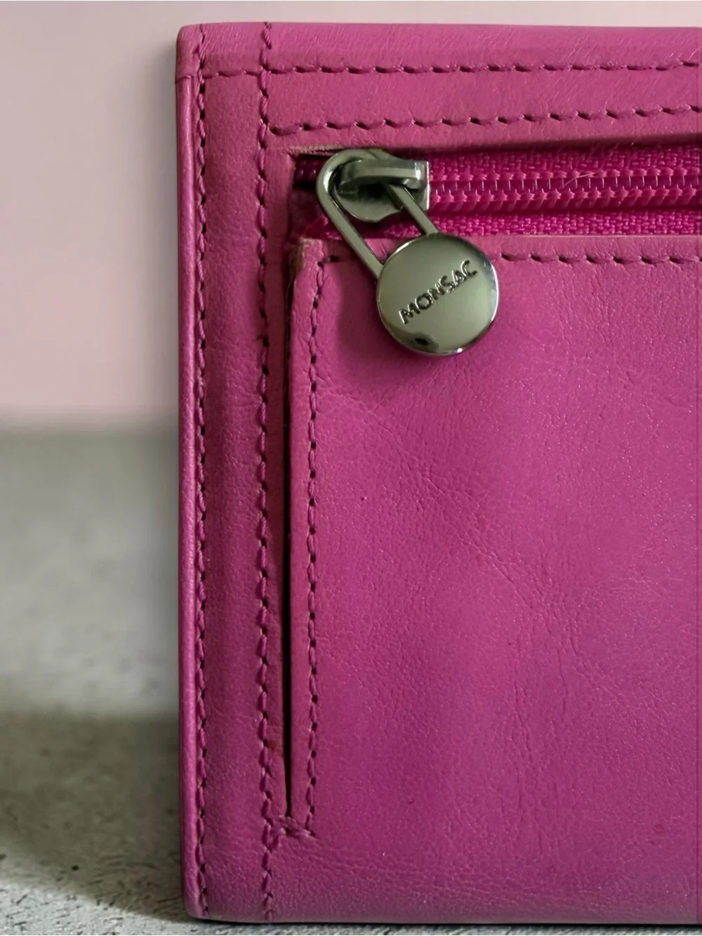 Vintage Monsac Hot Pink Lime Green Leather Tri Fold Wallet Colorblock Y2K Retro
